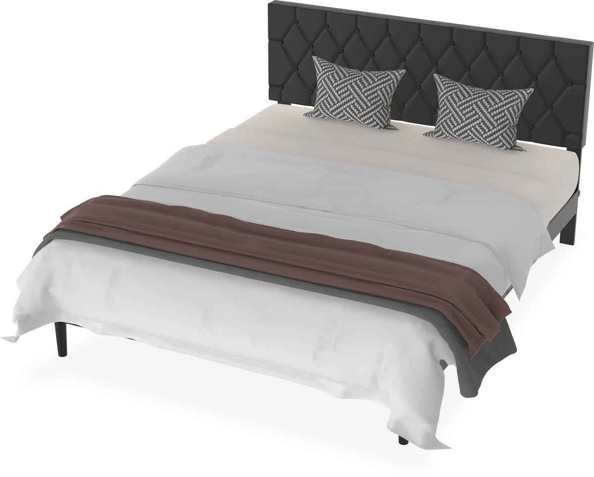 Aufun modern bedframe met lederen hoofdeinde – 160x200 cm – leder zwart – houten lattenbodem – 300 kg – voor slaapkamer of gastenkamer