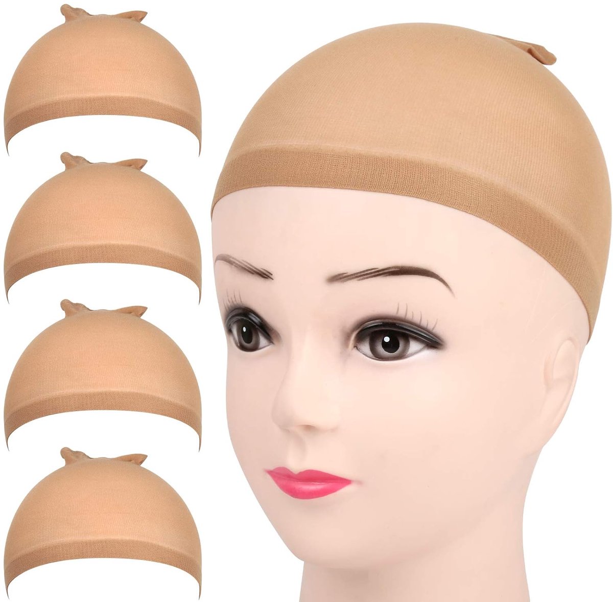 Daity 4-delige lichtbruine elastische nylon pruikmutsenset, geschikt voor vrouwen (beige)