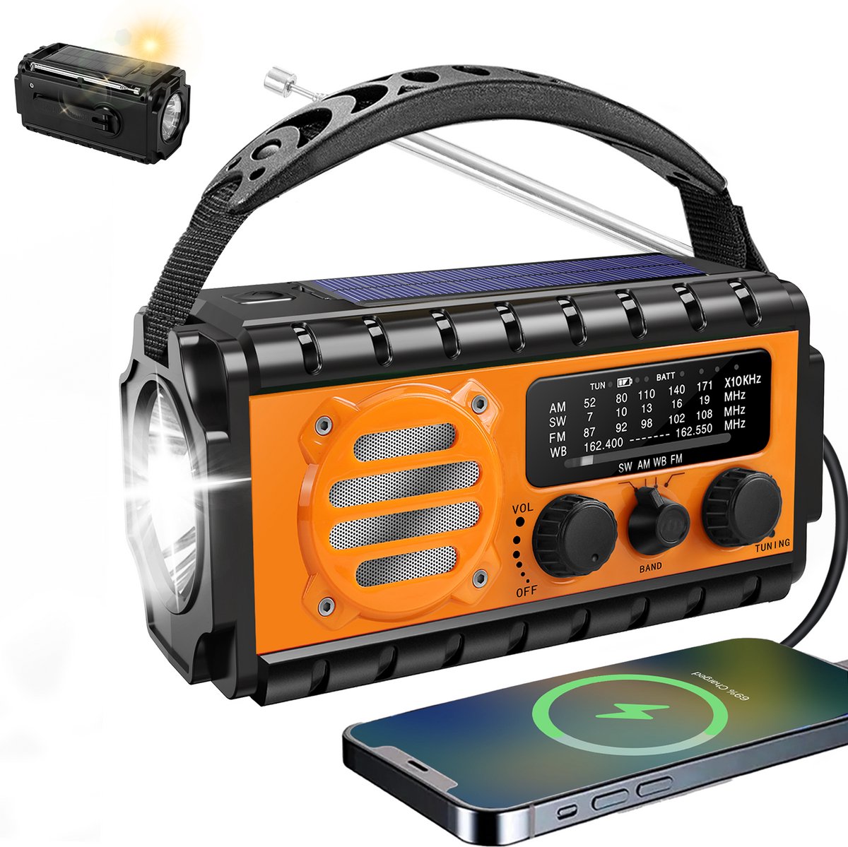 NatuurGenoot® Noodradio – 20.000mAh Powerbank – Solar & Opwindbaar – Waterdicht IPX – AM/FM/SW/WB – SOS Alarm, Zaklamp & Leeslamp – Noodpakket- Powerbank zonneenergie- Black-out & Outdoor – Oranje