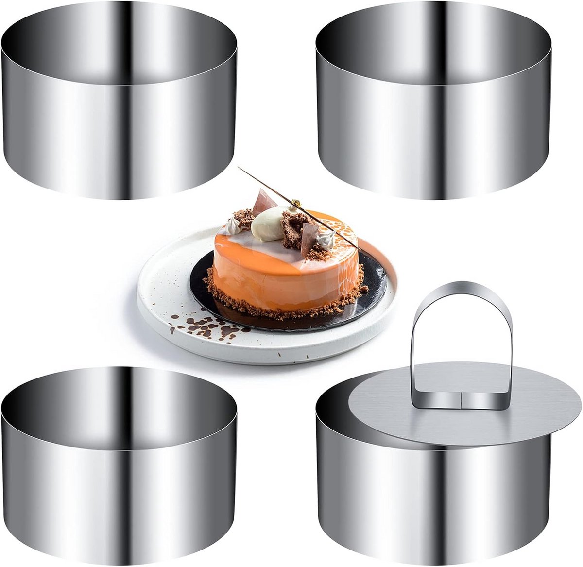 Mousse Keukenringenset - Roestvrij Staal, 8 cm, 4 Stuks - Voor Desserts en Gebak