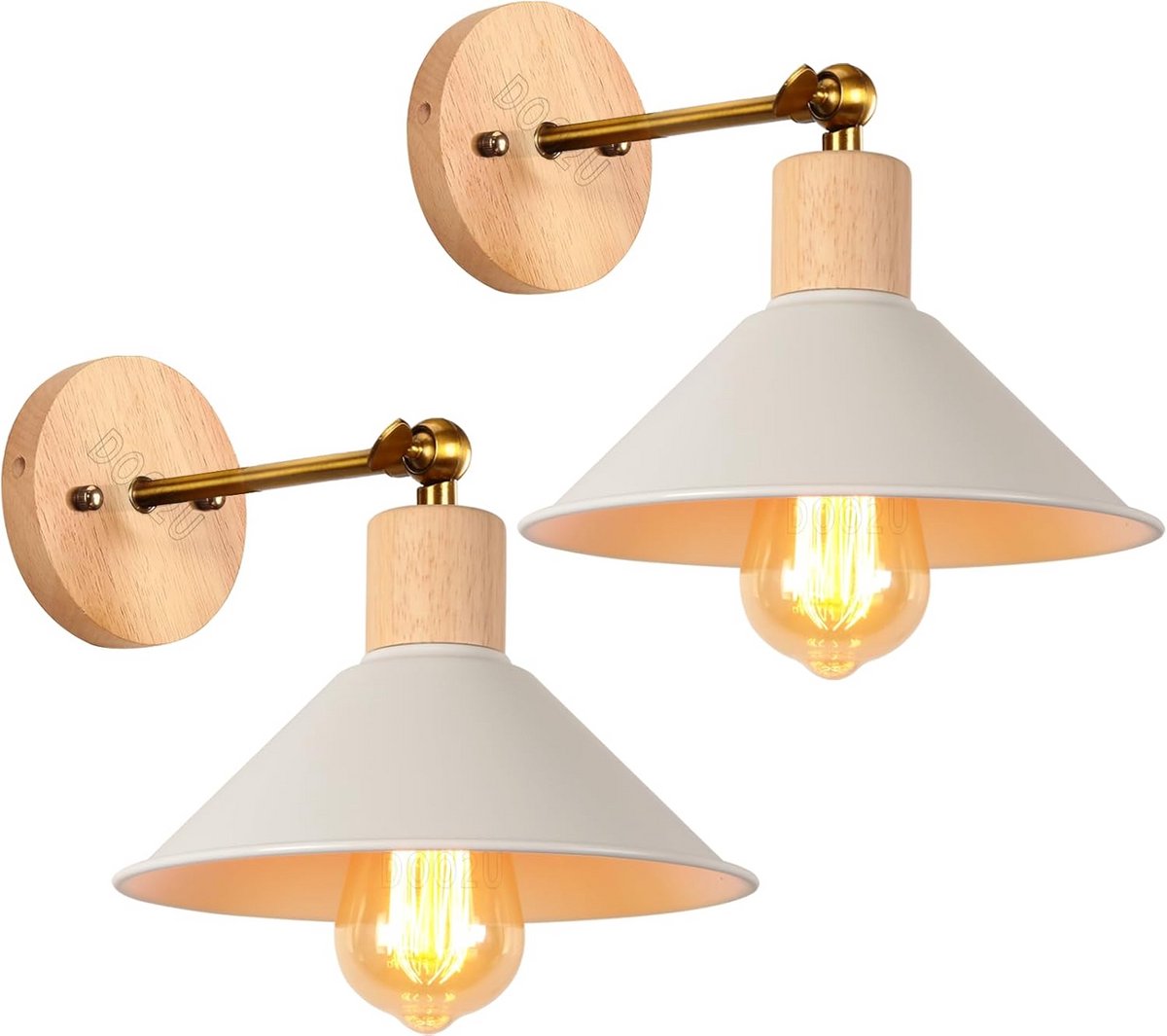 Moderne wandlampen voor binnen - Verstelbare industriële wandlampen van metaal met E27 fitting - 22 cm diameter للجاردن (wit, met hout)