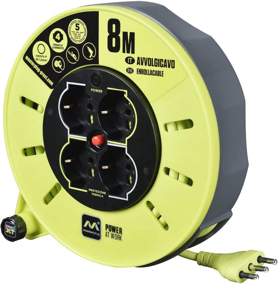 Kabelhaspel 8 meter met 4x Multistandard Schuko + biPaso + EU-stekker 16A