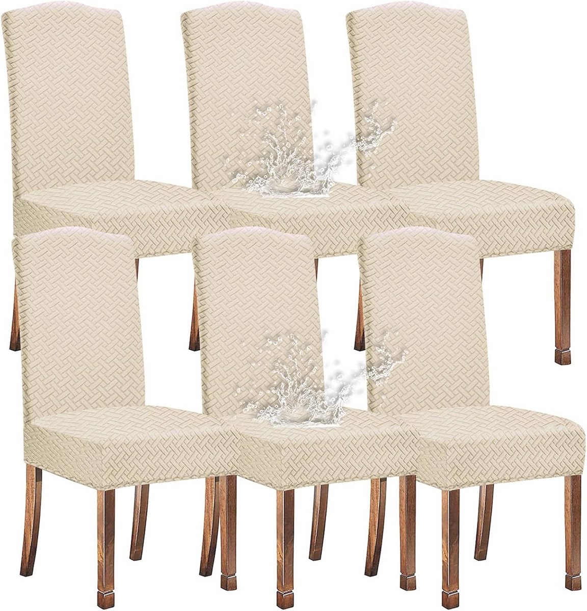 KELUINA Stretch waterafstotende keperstof jacquard eetkamerstoelhoezen woondecoratie, stoelhoezen voor eetkamerstoelen, restaurant, hotelceremonie (crèmewit, 6 stuks)