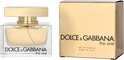 Dolce & Gabbana The One Eau de Parfum flesje van 50ml naast de bijpassende gouden doos.