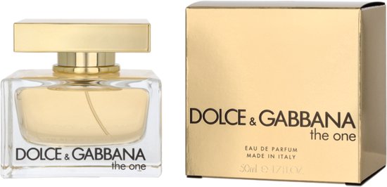 Dolce & Gabbana The One Eau de Parfum flesje van 50ml naast de bijpassende gouden doos.