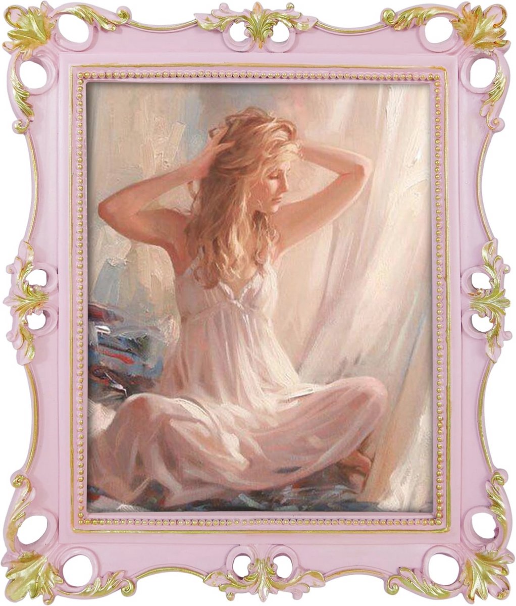Antieke Fotolijst 20 x 25 cm - Vintage Staand of Wandmontage - Roze met Goudkleurige Rand