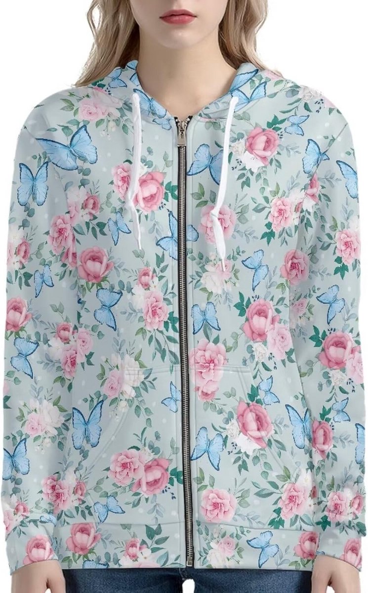 Dames Hoodie met Rits en 3D Print - Dunne Sweatjack met Capuchon en Zakken