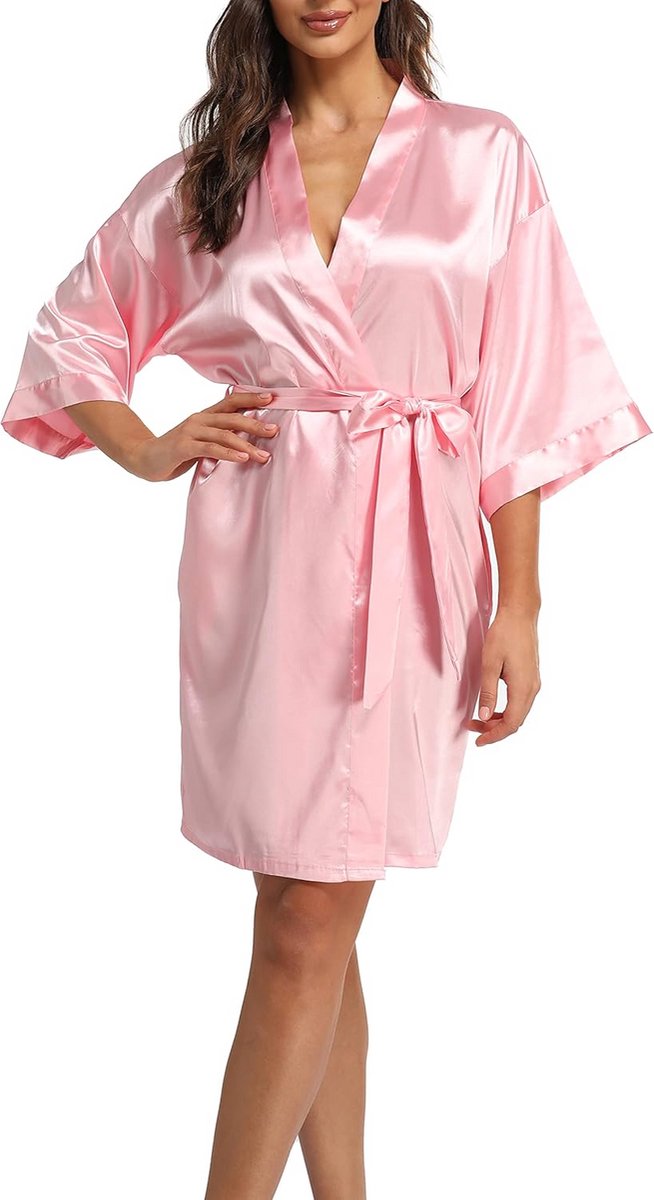 Korte Sexy Satijnen Kimono Badjas met Riem en Zakken voor Dames