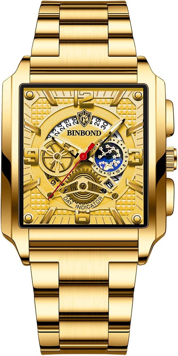 Elegant Herenhorloge Goudkleurig Analoog Kwarts RVS Band Draak Wijzerplaat