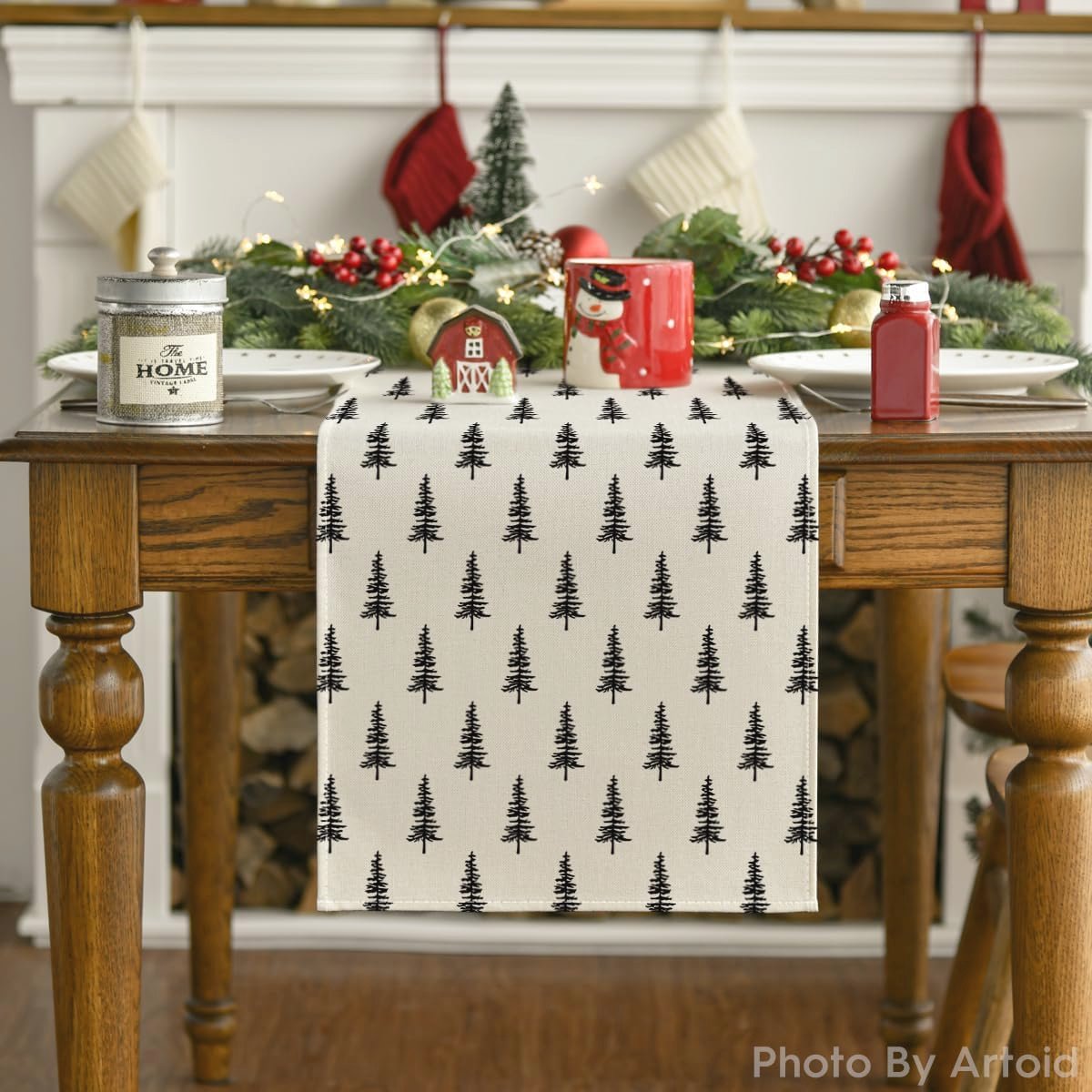 Beige Bomen Kerst Tafelloper voor Winterse Feesten en Decoratie 40x180 cm