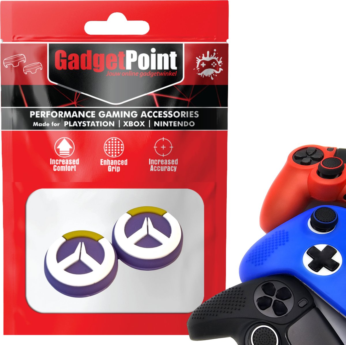 Gadgetpoint - Thumb Grips voor PlayStation, PS5, Xbox X/S, One & Switch Pro Controller - Gaming Thumbgrips - Performance Anti-Slip Thumbsticks - Bescherming Accessoires - Paars met Wit/Geel