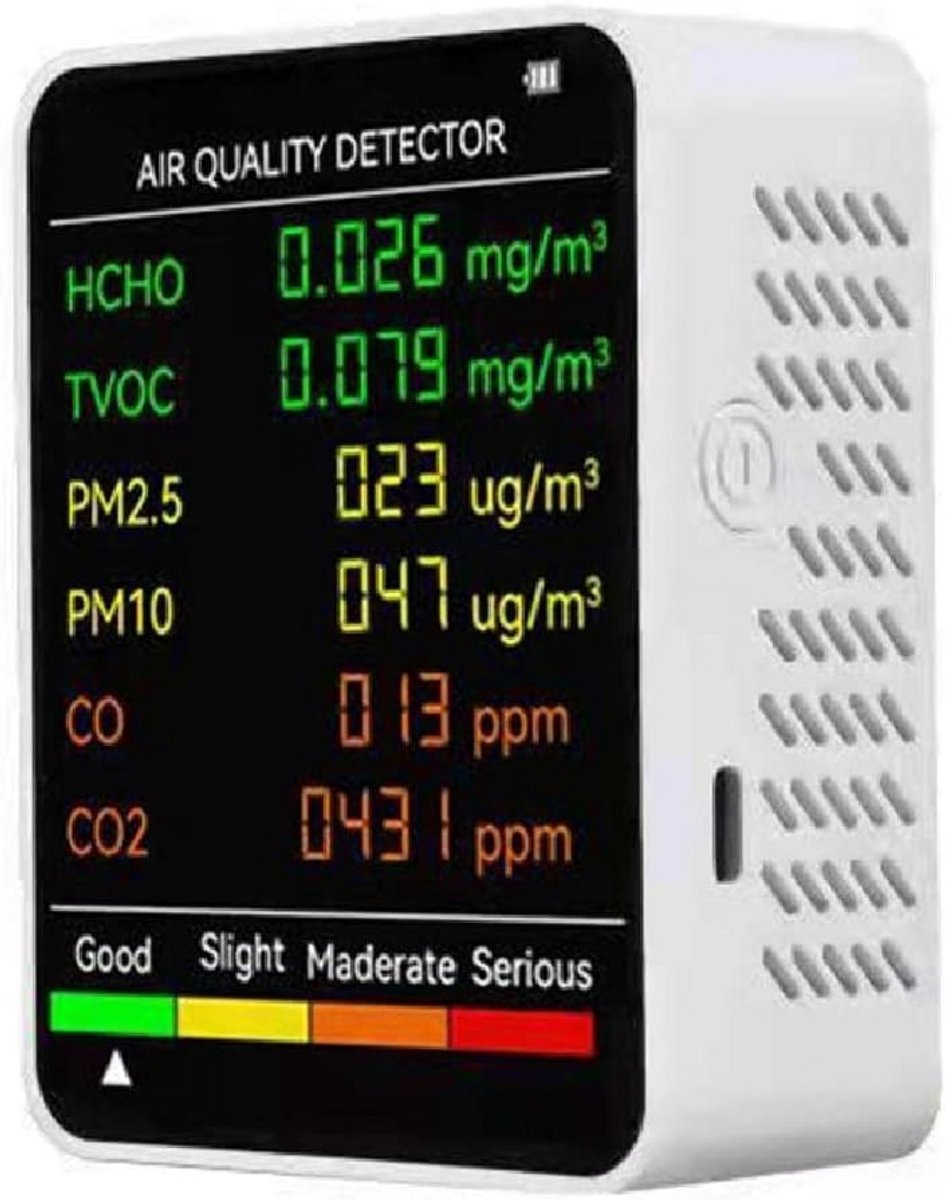 6-in-1 Luchtkwaliteit Monitor met Sensor voor Formaldehyde, PM2.5, CO2 en TVOC