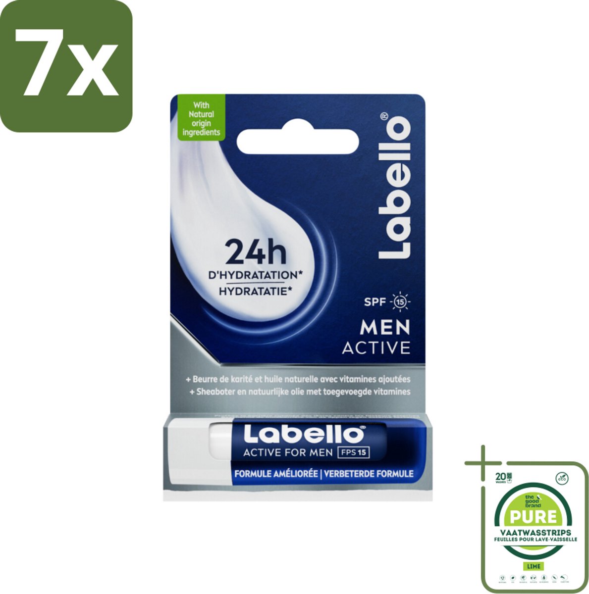 7 x Labello – Lippenbalsem – Active For Men – SPF 15 – 4,8 g - Grootverpakking - Lippenbalsem Voor Mannen - Verzorging Van Lippen - Droge Lippen - Gebarste Lippen - Natuurlijke Lippen
