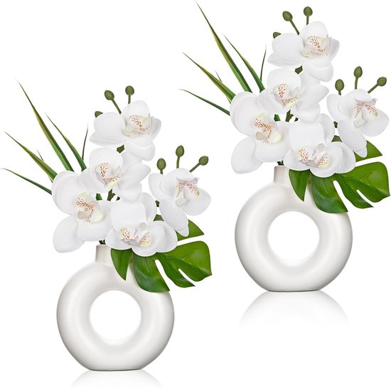 Set van 2 mini-kunstorchideeën met keramische donutvaas - Realistische decoratie voor thuis en kantoor