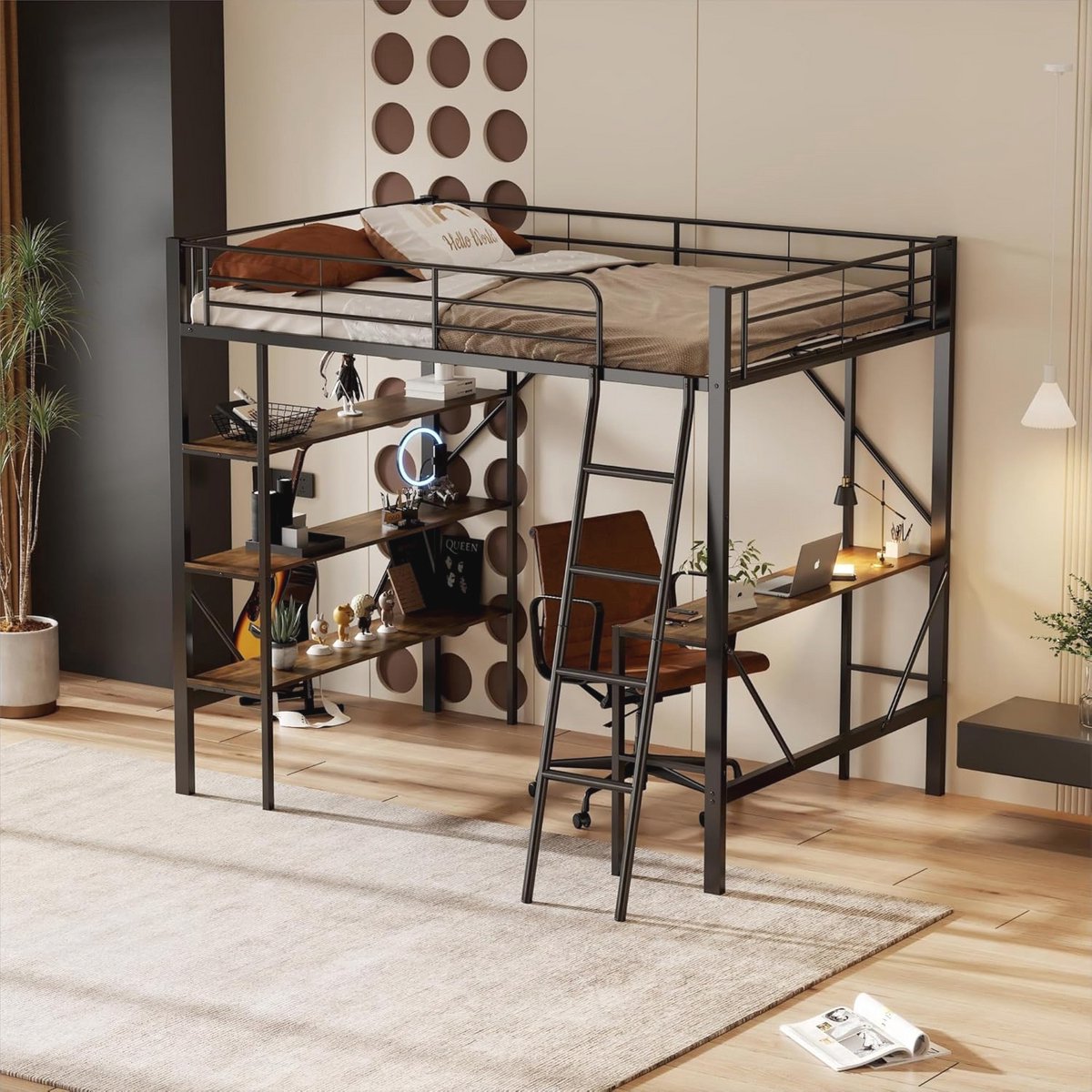 Metalen Hoogslaper met Bureau en Planken - 90 x 200 cm - Zwart
