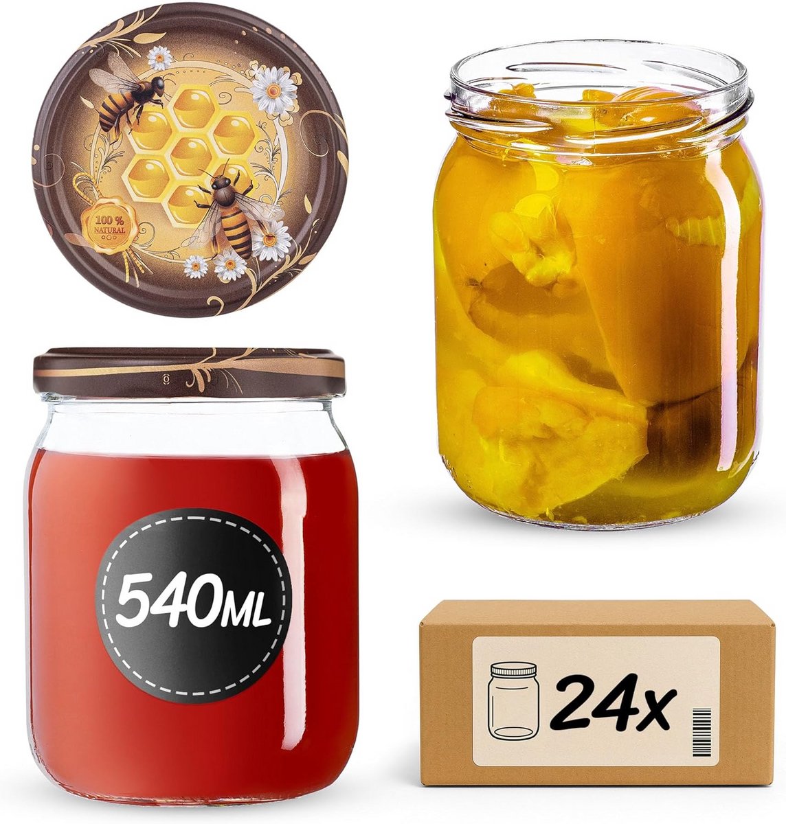 Set van 24 Universele Inmaakglazen 540ml met Schroefdeksels voor Conserven en Bewaren