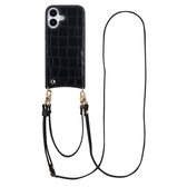 Selencia Hoesje - Geschikt voor Apple iPhone 17 - Croco Backcover met koord en pashouder - Zwart