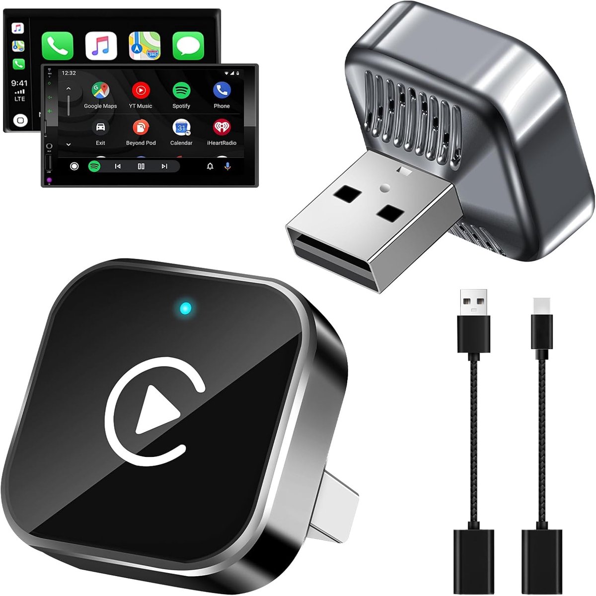 CarPlay draadloze adapter en Android Auto draadloze adapter, 2-in-1 bekabelde naar draadloze adapter voor Apple CarPlay/Android Auto, Plug & Play, automatische verbinding, voor iOS 10+/Android 11+ (zwart)
