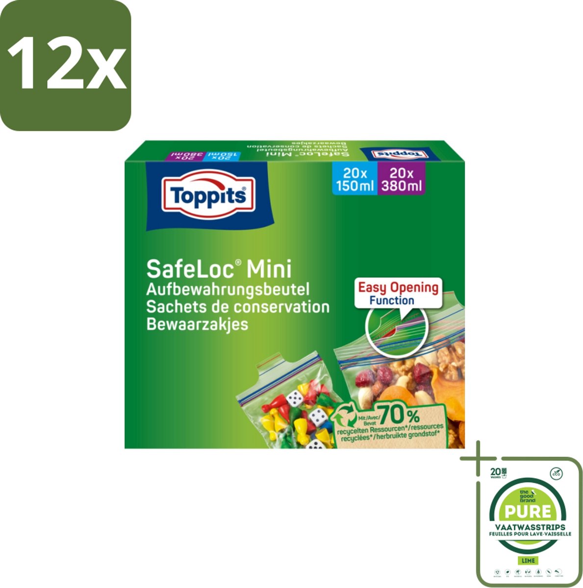 Toppits – Safeloc Mini Zip-Zakjes – 40 Zakjes - Voordeelverpakking - 12 stuks - Mini zakjes - Lekvrij