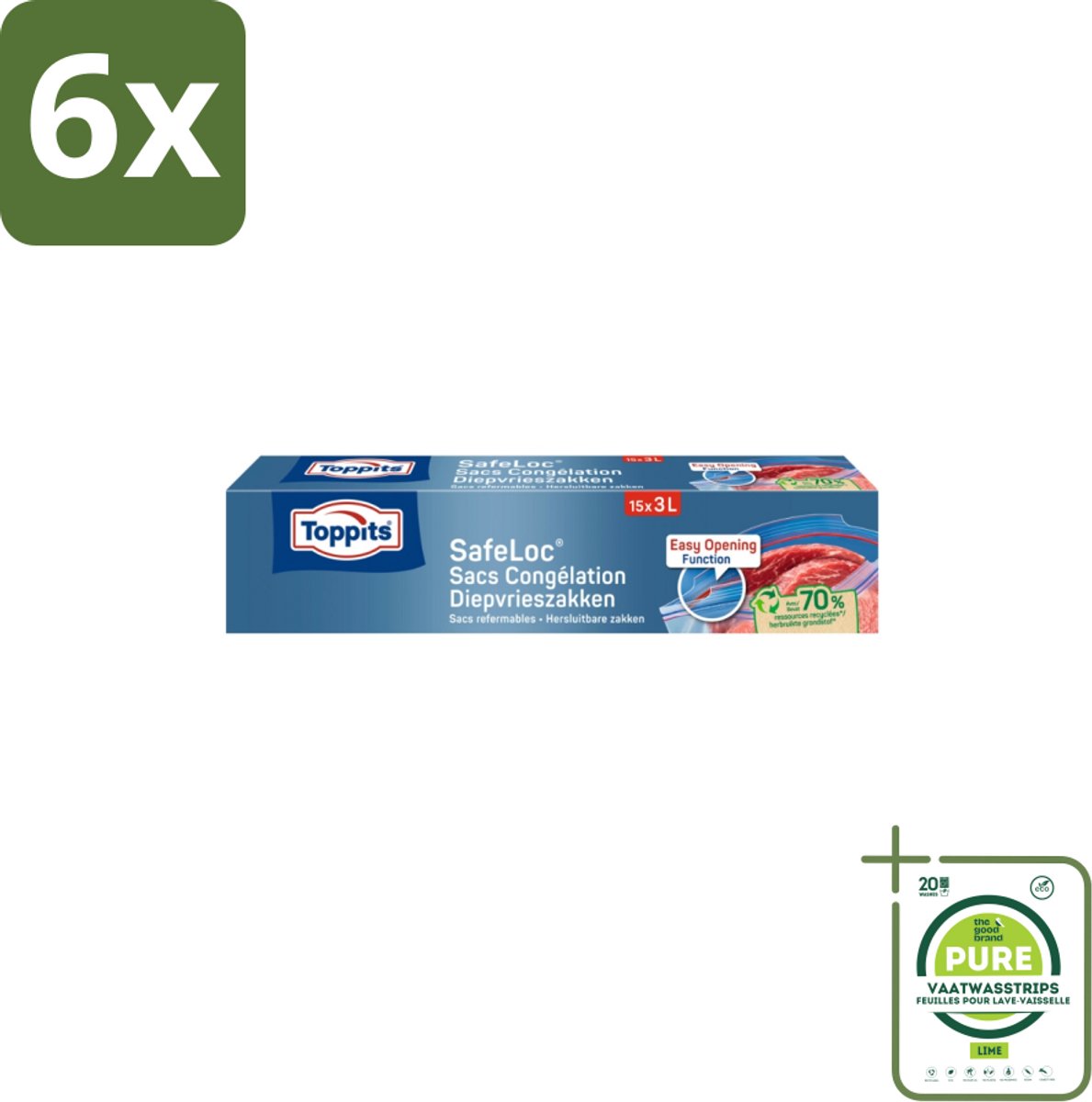 Toppits – Safeloc Zip-Diepvrieszakken – 3 Liter – 15 Zakjes - Voordeelverpakking - 6 stuks - Diepvrieszakken - Dubbele sluiting