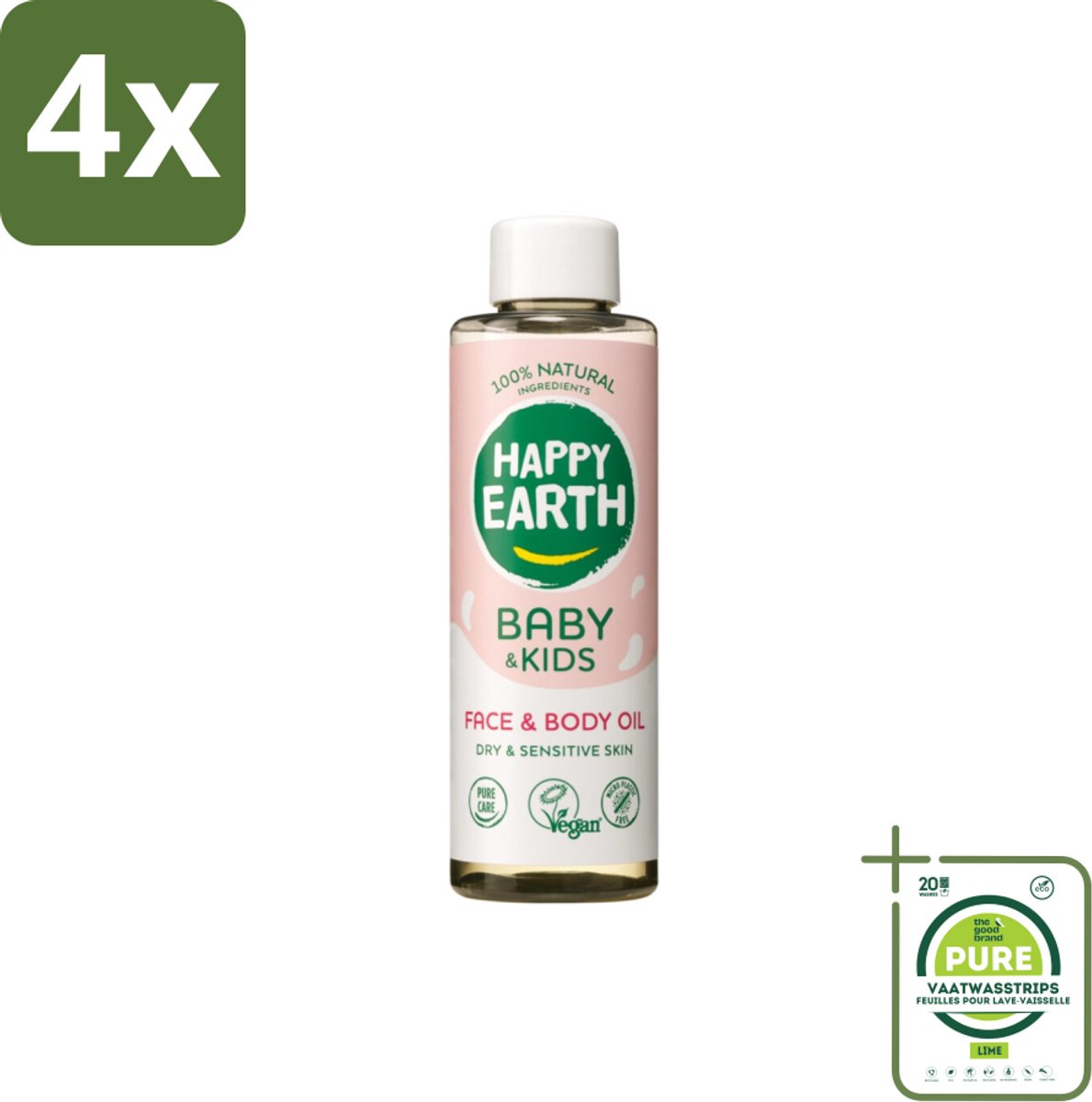 Happy Earth – Face & Body Oil – 100% Natuurlijk Baby & Kids – 150 ml - Voordeelverpakking - 4 stuks - Babyolie - Gezichtsolie