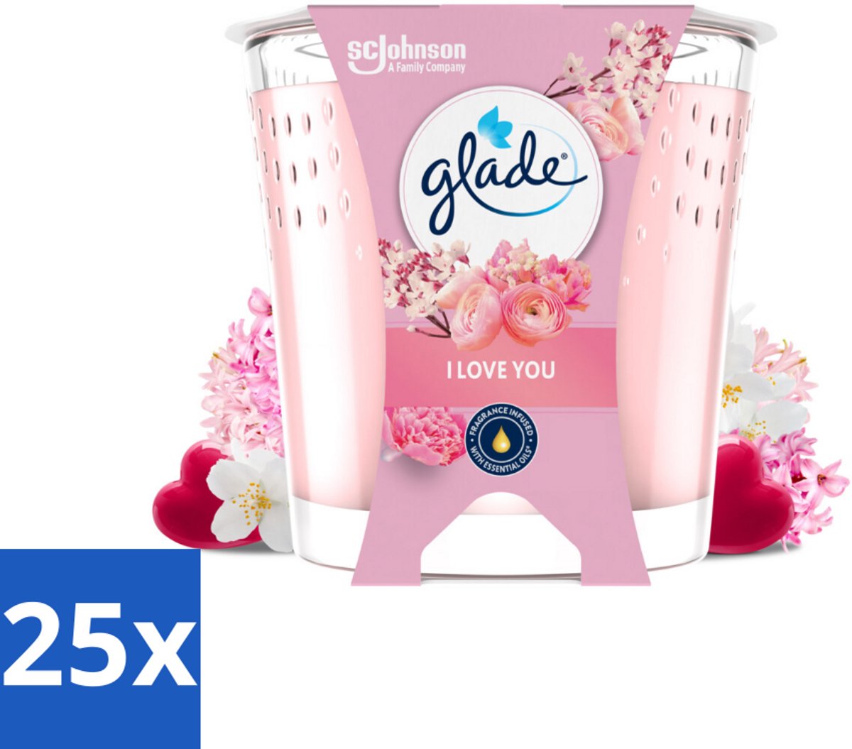Glade - Geurkaars I Love You - 100% Raapzaadwas & Vegan - 112 g - Bulkverpakking - 25 stuk