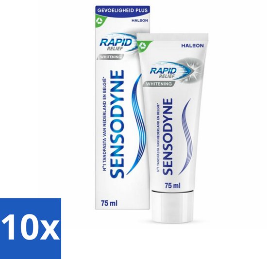 Sensodyne Rapid Relief Whitening tandpasta, 75 ml, 10 stuks, met blauwe golven.