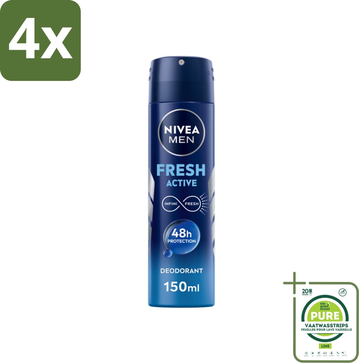 NIVEA MEN - Deodorant Spray - Fresh Active - 150 ml - Voordeelverpakking - 4 stuks - Frisheid - Zweet