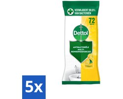 5 x Dettol - Reinigingsdoekjes - Sprankelende Citroen - 99,9% Bacterieverwijdering - 72 Doekjes - Reinigingsdoekjes - Hygiëne - Bacterieverwijdering - Citroengeur - Schone Omgeving