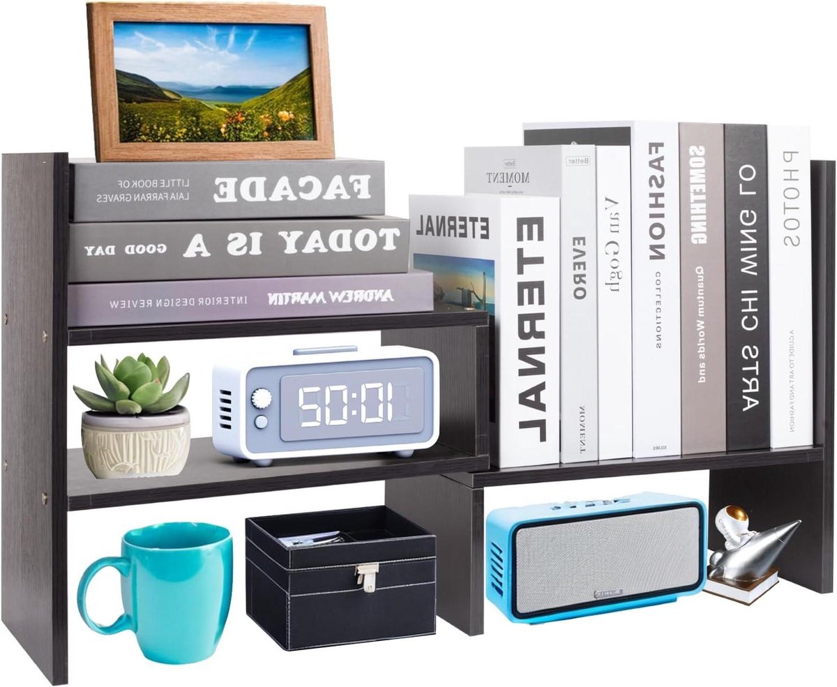Provento - Verstelbare houten boekenplank bureau organizer displayrek - Uitbreidbare kantoorbenodigdheden opslag - Boekenkast verjaardagscadeaus - Zwart.