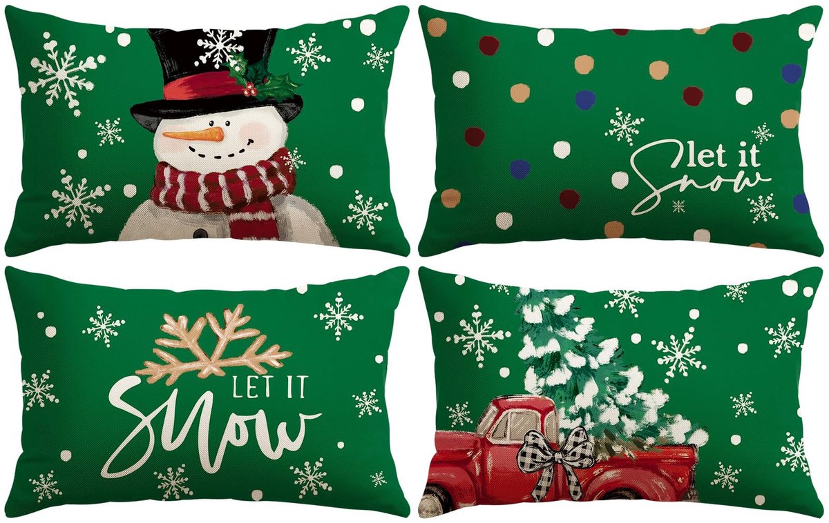 Unyqoos Set van vier feestelijke kussenslopen met kerstthema voor sfeervolle decoratie groen