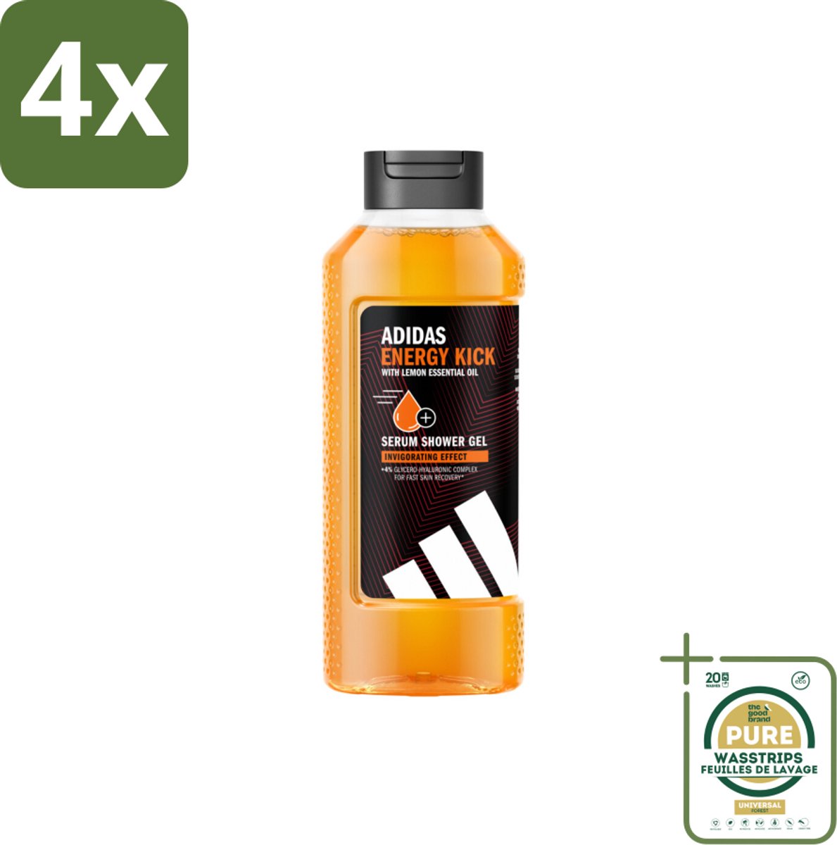 Adidas – Douchegel – Active Skin & Mind Energy Kick – 400 ml - Voordeelverpakking - 4 stuks - Frisheid - Huidverzorging