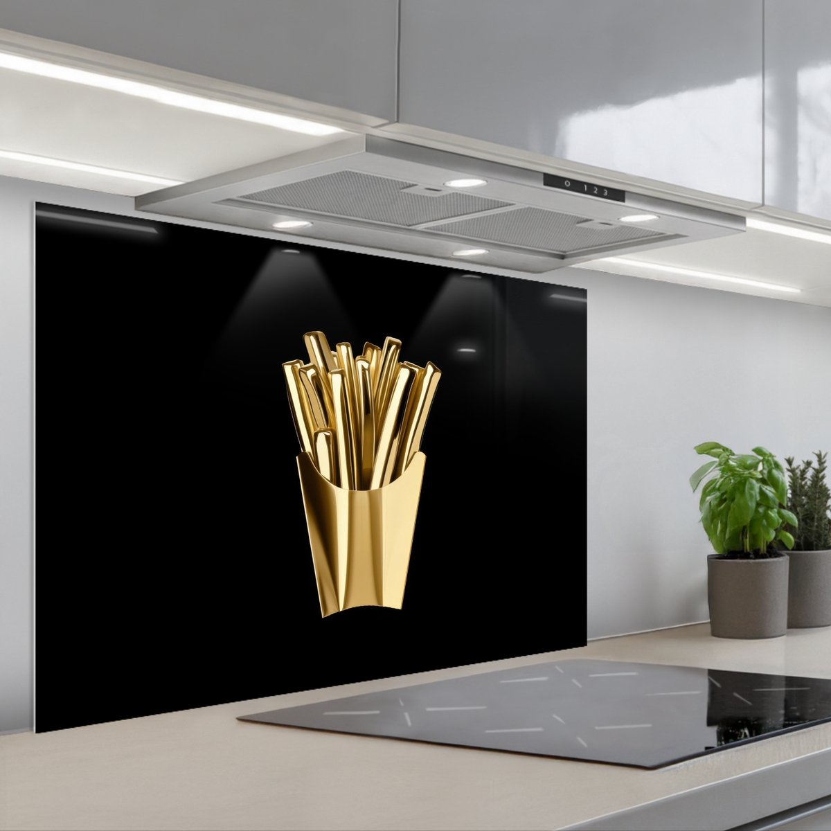 KitchenYeah Spatscherm 80x55 cm Zelfklevende achterwand Friet Goud Chrome Eten Keuken muurbeschermer Spatwand fornuis