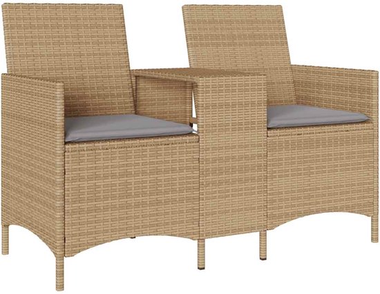 vidaXL - Banc de jardin - 2 places - avec - table - et - coussins - poly - rotin - beige