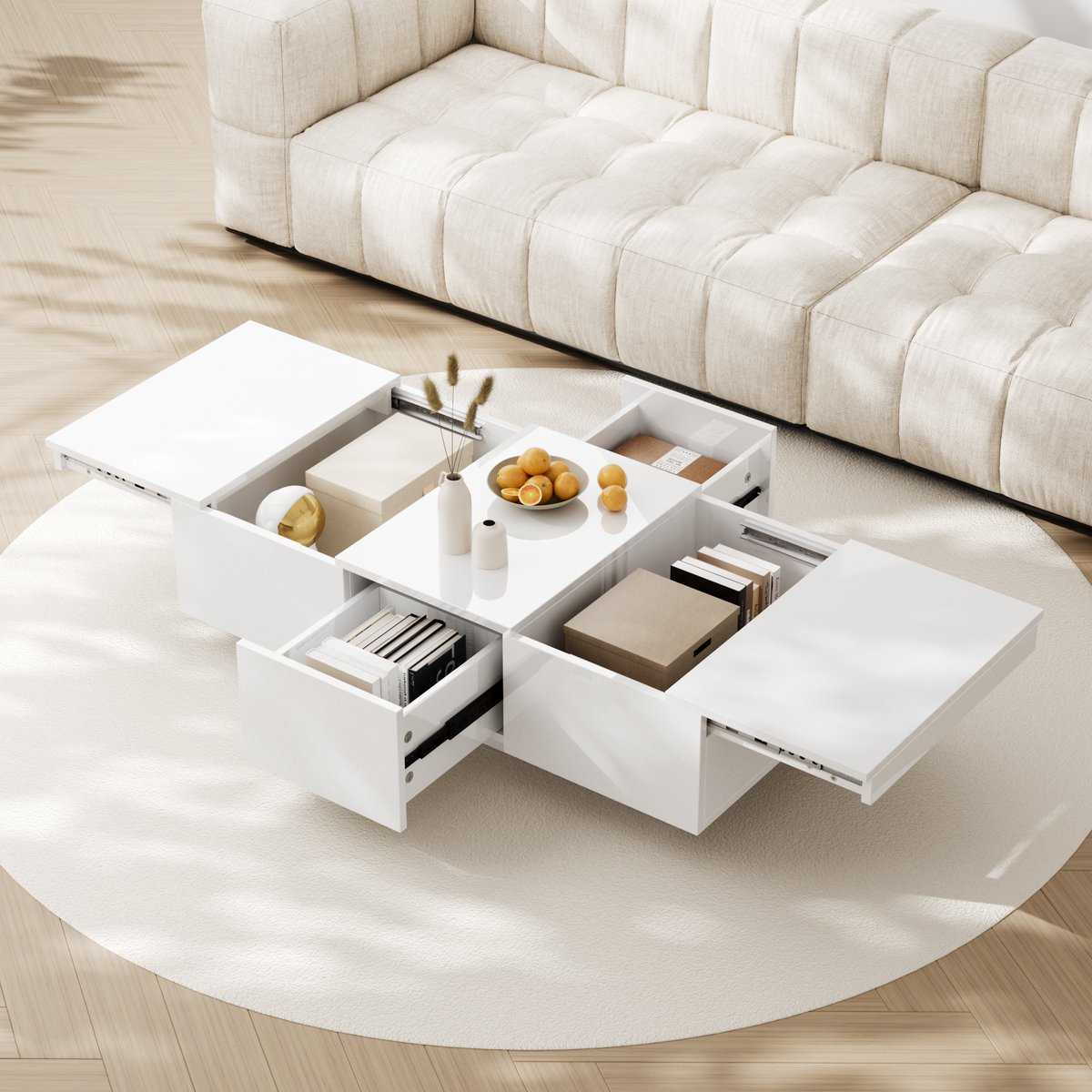 REDOM Salontafel Hoogglans Wit met Push-Pull Opbergruimte, Twee Schuifladen en 100×50×31 cm