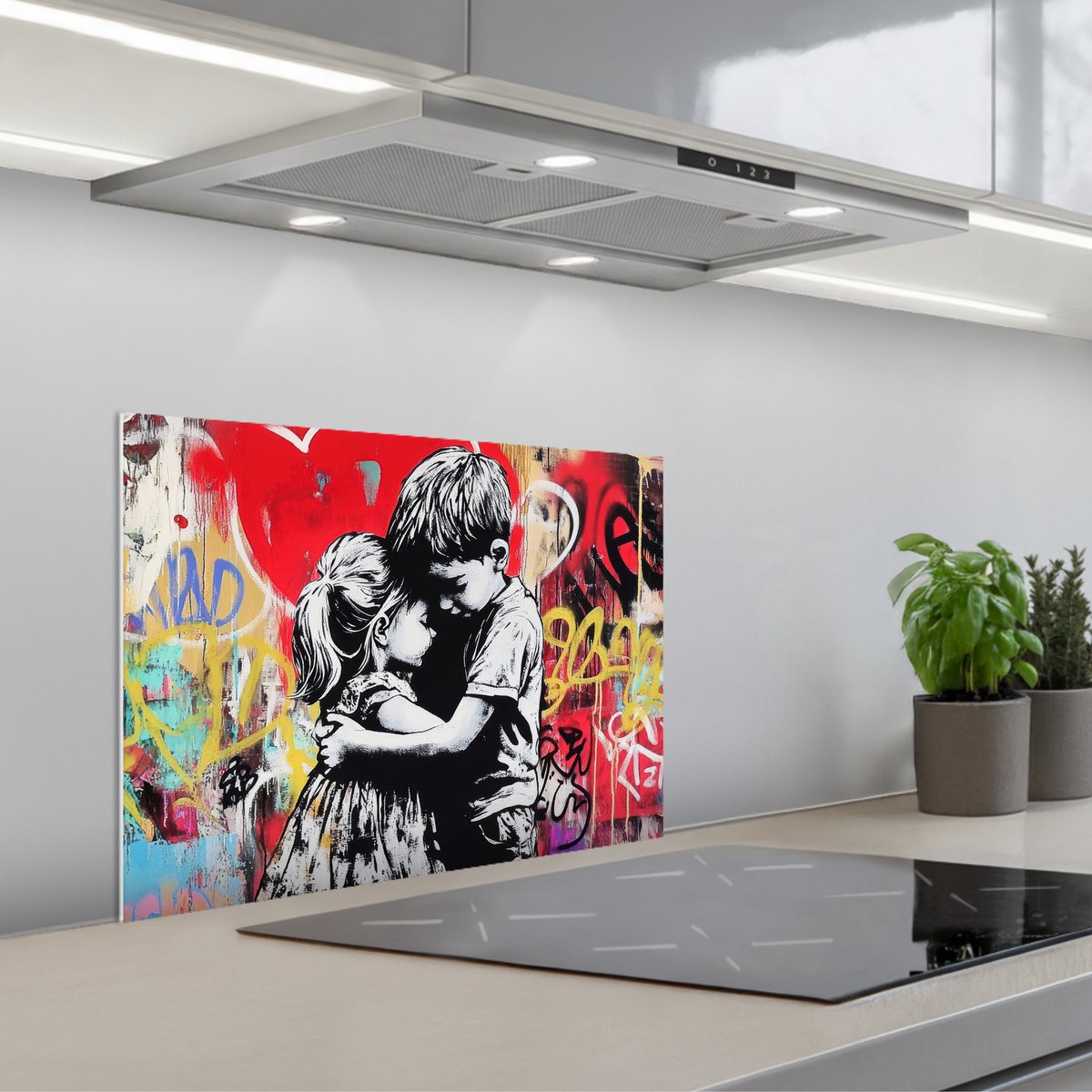 KitchenYeah Spatscherm 60x45 cm Zelfklevende achterwand Graffiti Zwart wit Street art Keuken muurbeschermer Spatwand fornuis