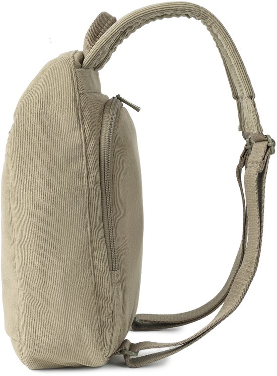 Zijaanzicht van de beige ribfluwelen rugzak met ritssluiting en schouderband.