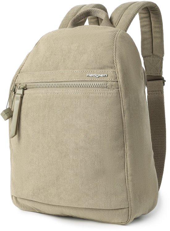 Beige ribfluwelen rugzak, schuin van voren gezien, met Hedgren logo.
