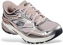 Roze Skechers sneaker met zilveren en zwarte accenten, veters en opvallende zool.