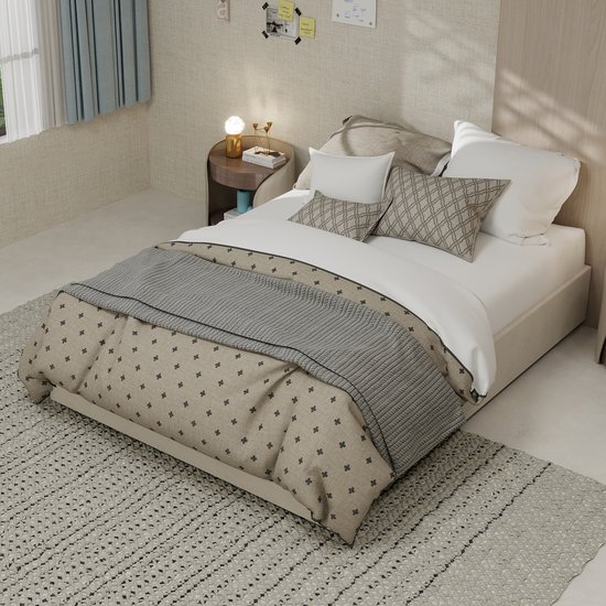Tweepersoonsbedden - 140x200CM - Modern Minimalistisch Bedframe Met Gasliften - Velours - Beige (Geen Matras)