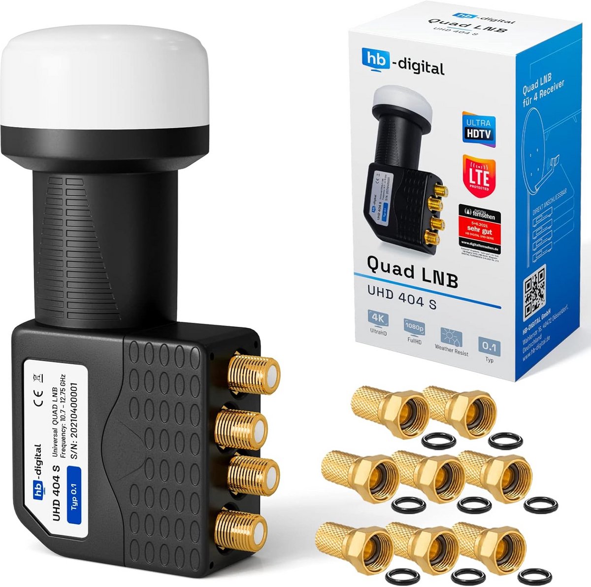 Quad LNB 4-voudige DVB-S DVB-S2 Full HD 3D TV 4K UHD voor 4 deelnemers met Weerbestendige Bescherming en 8 Vergulde F-Pluggen