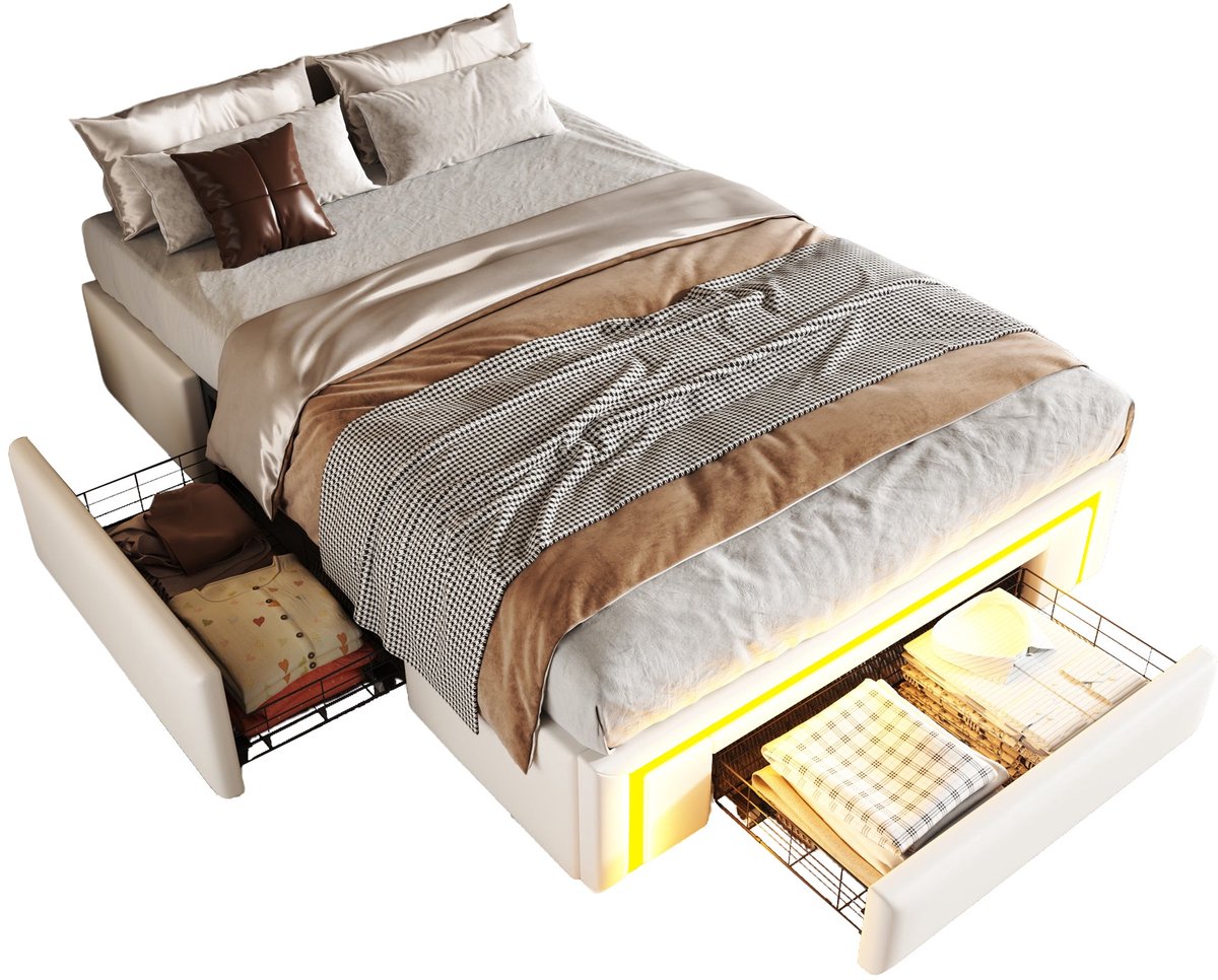 Merax Bed 90x200 cm - Kunstleer Gestoffeerd - Bed met Opbergruimte - Lades - LED Verlichting met Afstandsbediening - Metalen Lattenbodem - Wit - Zonder Hoofdbord