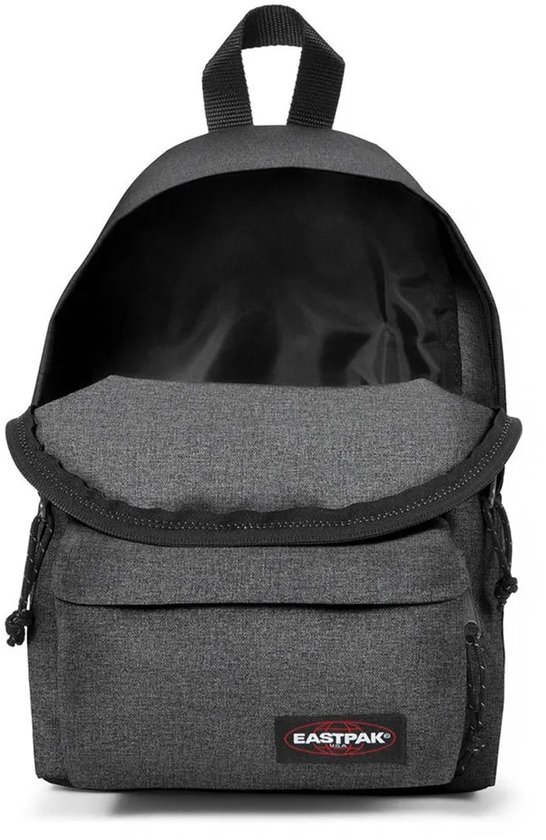 Donkergrijze Eastpak Orbit rugzak in denimlook, open met zicht op het hoofdvak.
