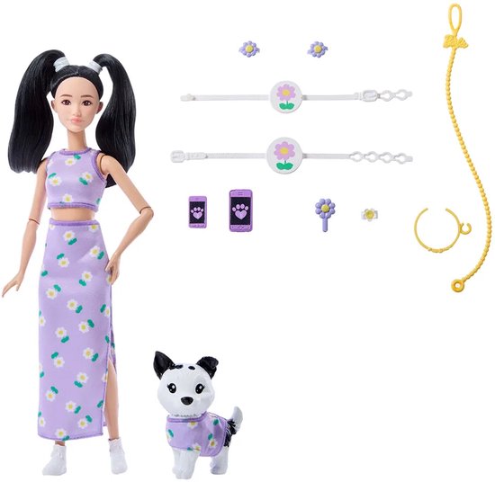 Barbie Matchende Aziatische Outfits Met Een Hondenpop Paars — afbeelding 2