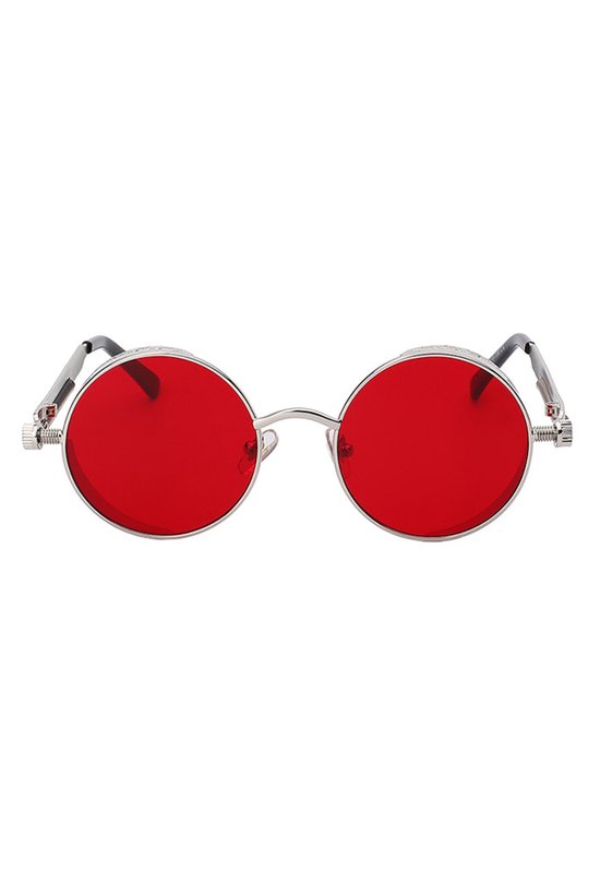 KIMU Ronde Bril Steampunk Vintage - Zilver Montuur Rond - Rode Glazen - Nachtbril Autorijden Wintersport Retro Hippie - Zilveren Zonnebril Uv Festival van Merkloos — afbeelding 3