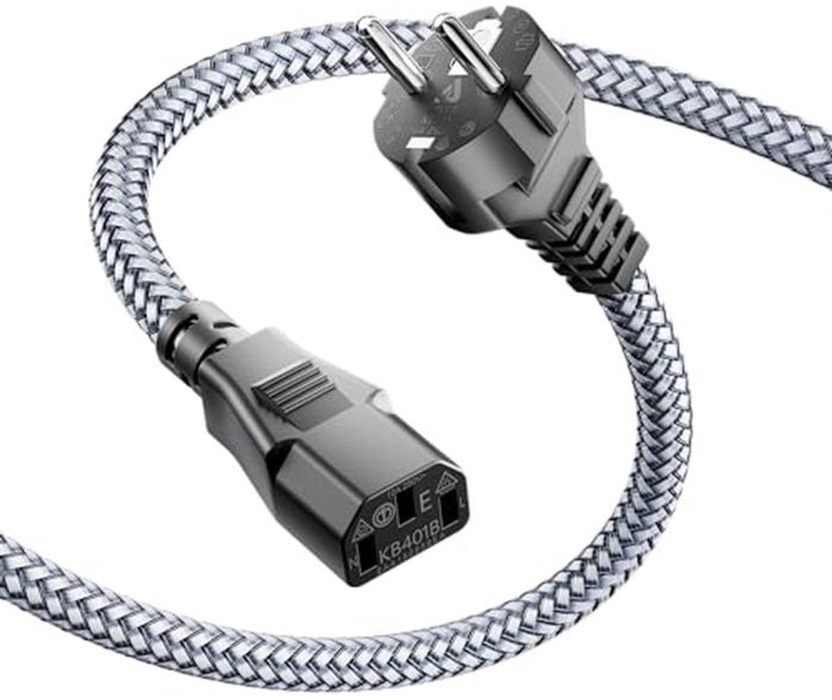 3-polige nylon gevlochten stroomkabel 3 m voor monitoren, pc en printer