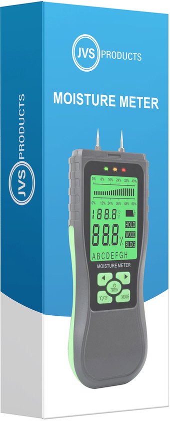 Zwarte en groene vochtmeter met groen LCD-scherm, gepresenteerd op de verpakking.
