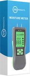 Zwarte en groene vochtmeter met groen LCD-scherm, gepresenteerd op de verpakking.