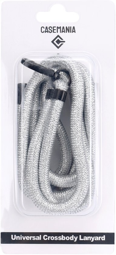 Zilverkleurig, dik telefoontasje met glitters, in verpakking.