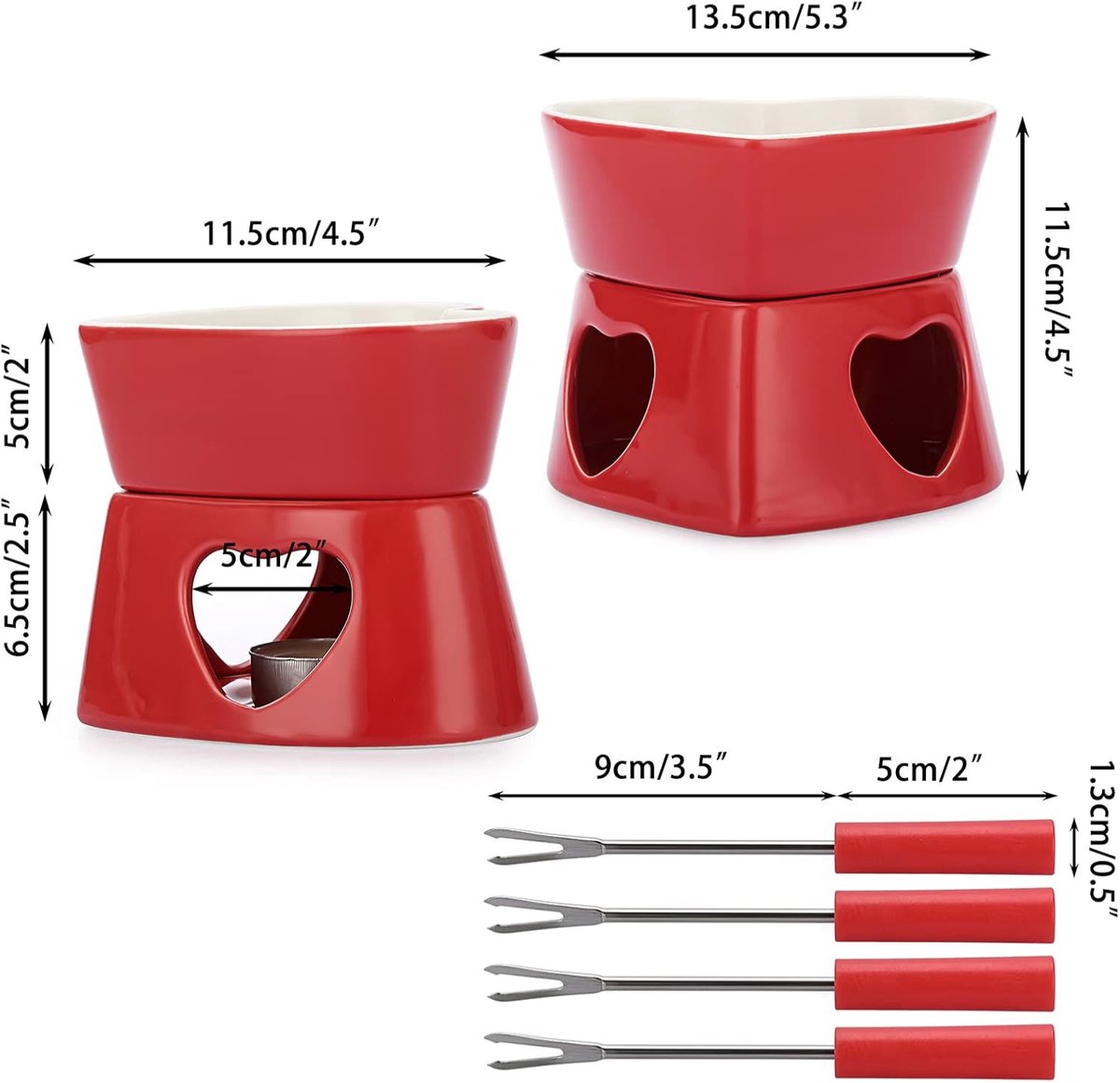 Kaasfondue Set - Hartvormig - 320 ML - Keramische Chocoladefondue Set - Theelichtfondue - Rood – foto 6